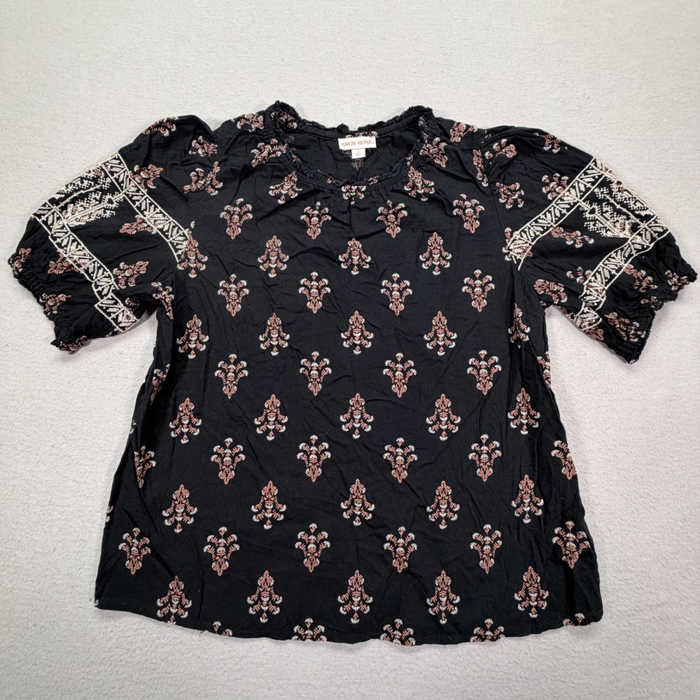 Knox Rose Blouse Womens Small Good Black Floral Embroidered Boho Puff Sleeve Top